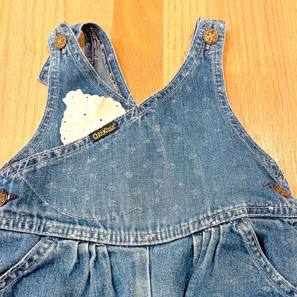 Vintage 3T OshKosh B'Gosh Vestbak Baby Overalls Printed Denim White Lace USA